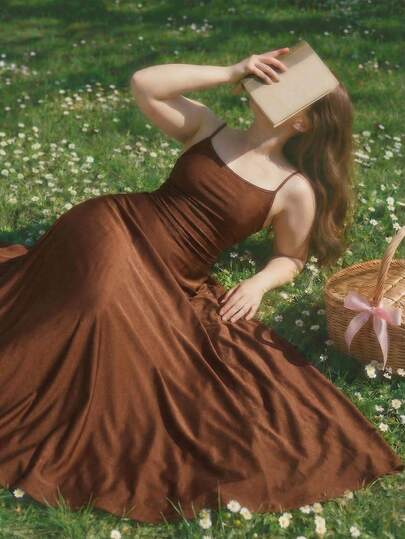 SHEIN MOD Plus Size Women's Brown Elegant Spaghetti Strap Maxi Dress, Ruched Waist Flowy Long Dress For Wedding Guest, Party, Birthday & Spring Vacation