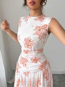 Modelyn 女士优雅印花褶皱腰部无袖中长连衣裙，适合通勤 - 粉色 - 查看 5