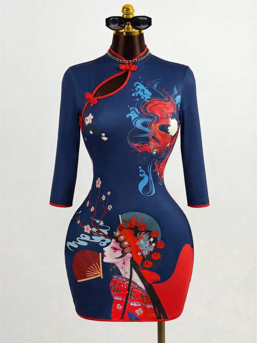 Vionelle Elegant Sexy Chinese Style Red Cheongsam Contrast Color Block Wrap Skirt 3/4 Sleeve Bodycon Short Dress, Plus Size - Blue - View 1
