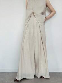 FRIFUL 女士圆领不对称下摆交叉上衣和阔腿纯色长裤两件套 - 米色 - 查看 7