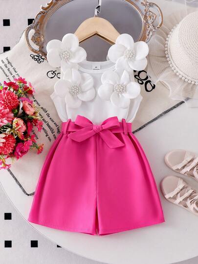 Elladie kids Young Girls Floral Camisole Waist Romper, Fuchsia Pink, Sweet & Comfortable, Big Floral Belt, Summer Casual Outfit For Girls Pink Bow Outfit Girl Bow Clothes Kids Elegant Outfit For Girl Elegant Set For Girls Bow Outfits For Girls