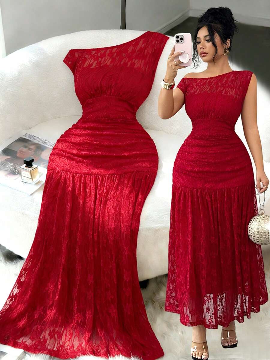 Elenzga 新款女士斜肩蕾丝针织连衣裙，带衬里，年轻优雅，适合情人节、圣诞节、派对等场合，修身百搭长裙 - 紅色 - 查看 1