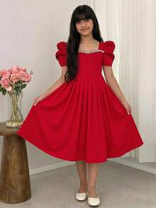 SHEIN Tween Girl Sweetheart Collar Embellished Puff Sleeve Elegant Snug Fit Dress - Black - View 2