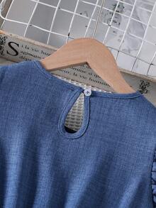 SHEIN 1pc Tween Girl Casual Woven Bamboo Linen Blend Round Neck Cap Sleeve Laser Cutout Hem Fitted Blue Dress, Elegant & For Daily Wear, Commute, Party - Blue - View 8