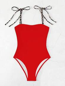 Swim Vcay Traje de baño de una pieza con tirantes finos y estampado de leopardo, ajustado con color contrastante para la playa - Multicolor - Ver 4