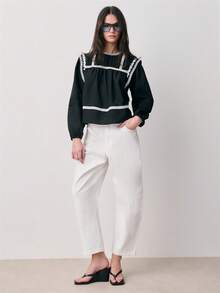 Nöista Black Blouse Features Intricate White Lace Detailing Along The Yoke, Long Sleeves, And Hem. Boho, Spring, Summer, Easter. - Black - View 3