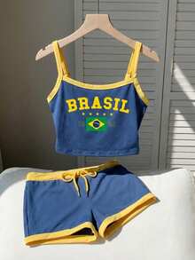 SHEIN EZwear Bộ đồ thể thao mùa hè dành cho nữ, áo croptop và quần short in chữ nhiều màu sắc cờ Brazil, hàng hóa dành cho người hâm mộ thể thao. - Nhiều màu - Xem 5