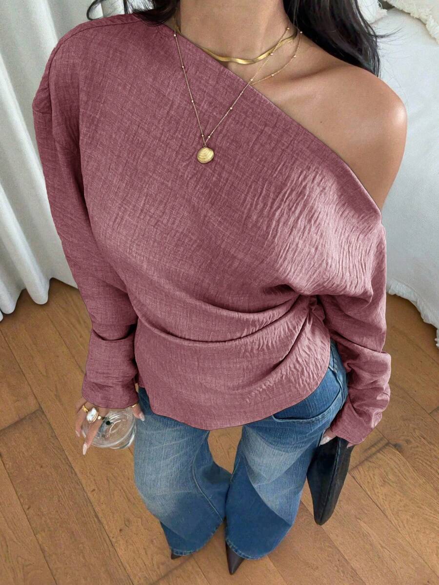 Siren Gaze Women's Solid Color Asymmetric Neck Ruffle Long Sleeve Top,Pink Top - Pink - View 1