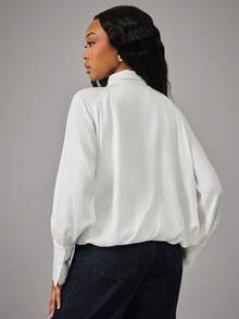 NYA SZN Top Long Sleeve Button Up Collar Bubble Hem White Cold Weather Valentine's Day Easter Spring Summer Beach Vacation Travel Office Business Outfits For Women - White - View 2