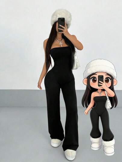 Regalo de San Valentín:1 pieza Mono negro para mujer, mono corto slim fit casual con tirantes y plisados para primavera/verano, para mujer