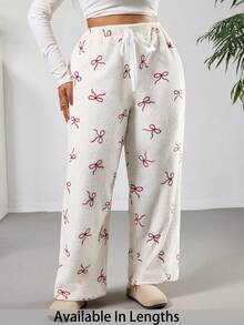SHEIN PETITE CURVE Plus Size Women Casual Everyday Commute Bow Print Elastic Waist Loose Wide Leg Fleece Pants, Autumn/Winter Valentine's Day - White - View 1