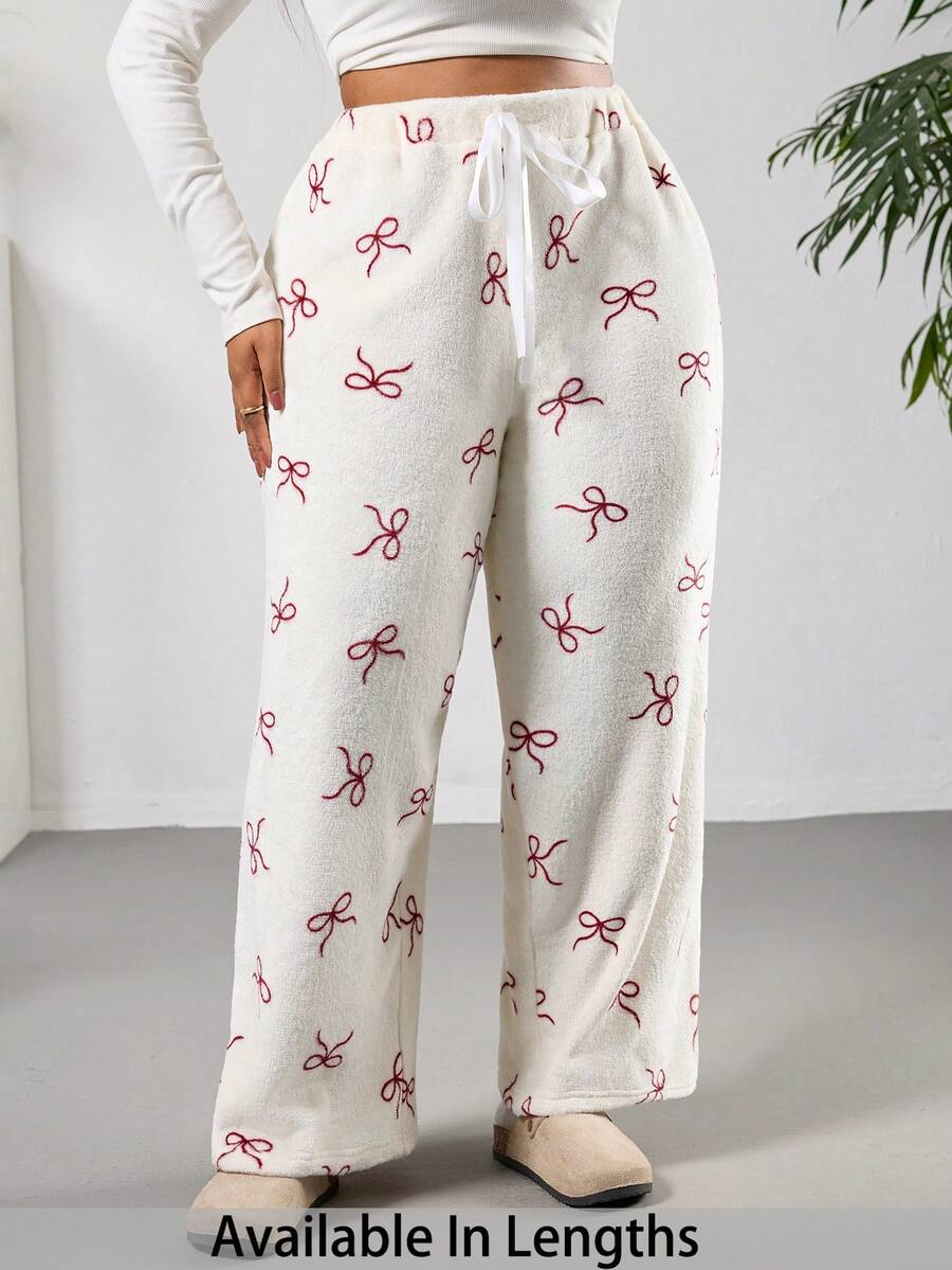 SHEIN PETITE CURVE Plus Size Women Casual Everyday Commute Bow Print Elastic Waist Loose Wide Leg Fleece Pants, Autumn/Winter Valentine's Day - White - View 1