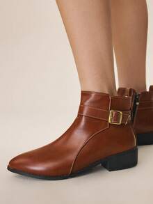 Styleloop Women's Buckle Design Casual Everyday Versatile Chunky Heel Ankle Boots - Burgundy - View 1