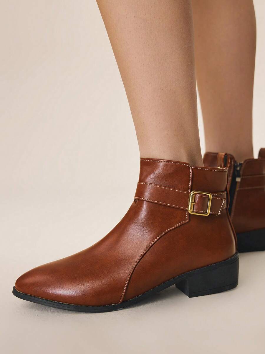 Styleloop Women's Buckle Design Casual Everyday Versatile Chunky Heel Ankle Boots - Burgundy - View 1