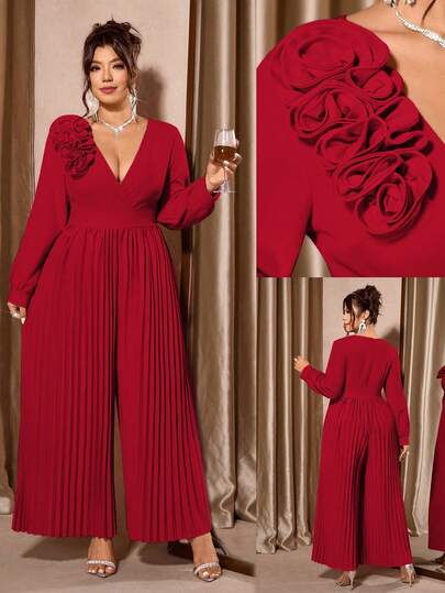 Elenzga جمبسوت نسائية فضفاضة أنيقة مزينة بطباعة زهرية ثلاثية الأبعاد مع خصر نحيف وياقة على شكل حرف V للمقاسات الكبيرة