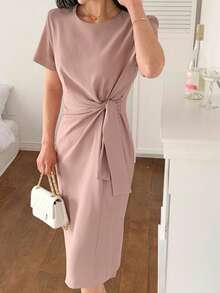 DAZY Women's Pink Round Neck Waist Cinched Mid-Length Dress - Pink - View 2