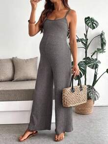 SHEIN Bộ áo liền quần dáng rộng, thoải mái, màu trơn, có gân dành cho bà bầu - Màu xám đen - Xem 4