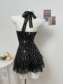 Elamini Women's Rhinestone Embellished Ruffle Hem Halter Neck Dress Black And Silver Dress Black And White Dress Women Black See Through Dress Halter Dress Women's Party Dress - Black - View 2