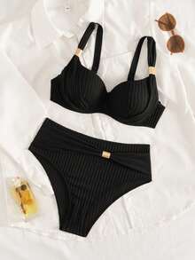 Swim Chiccia Conjunto de bikini de triángulo con tirantes gruesos y ajustables en la espalda, en unicolor, con decoración dorada para mujer - Negro - Ver 4