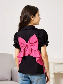 Young Girls Black Shirt + Pink Bow Sweet Element Combination, With Both Stylish Neatness And Youthful Dynamism, Suitable For Daily Outings In Spring And Autumn - Multicolor - View 3