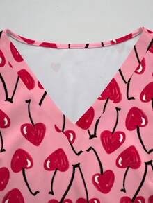 PopScrub Women's Fashion V-Neck Short Sleeve Pocket Ear-Hanging Split Scrub Set With Heart & Cherry Print Design - Multicolor - View 7