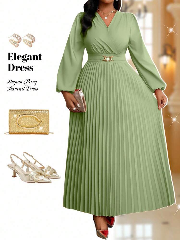 Fleurora Plus Size Green Pleated Dress, Fashionable For Summer Church Dresses For Women Festival Summer Dress  Spring Outfit Women  Party Dress  Elegant Dresses For Party  Wedding Guest Dress For Women Formal Dresses For Women Vacation Outfits Women Stylish Clothing Collection Plus Size Dress Maxi Dress Long Sleeve Dress Pleated Skirt Dress - Mint Green - View 1