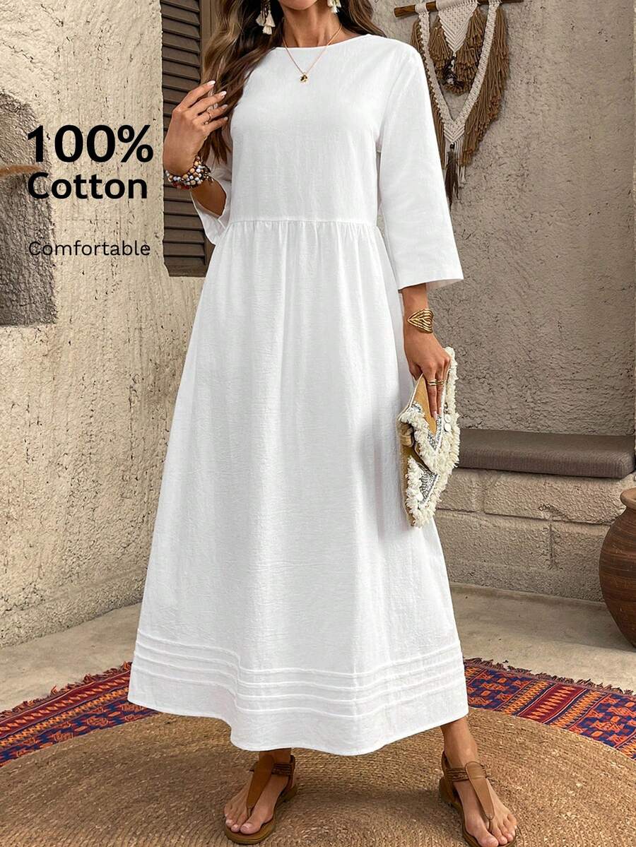 EMERY ROSE Đầm dài nữ màu trơn, kiểu dáng đơn giản, thoải mái hàng ngày, thích hợp đi làm hoặc đi nghỉ mát, thắt eo, mùa xuân/thu. - trắng - Xem 1