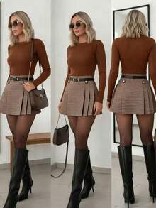 Ellegaria. Women's Plaid Print Fold Pleated Elegant A-Line Skirt - Khaki - View 2