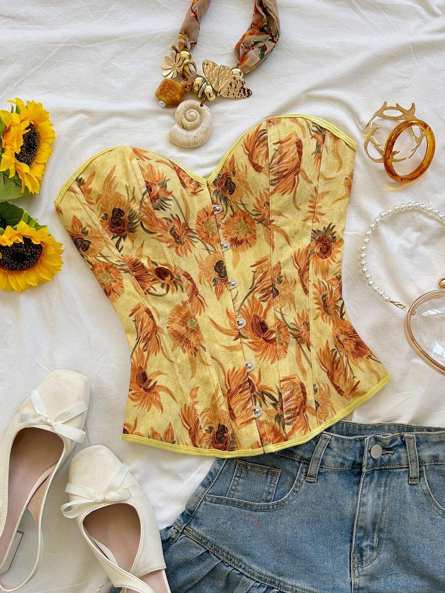 Soleia 女士复古宫廷风彩色花卉提花印花抹胸露脐上衣，带纽扣和后系带 - 黃色 - 查看 1