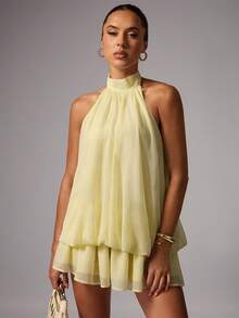 Avenya Elegant Chiffon Halter Backless Dress - Yellow - View 3