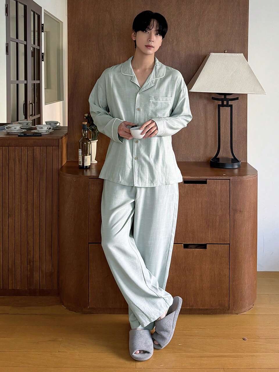 Green Long Sleeve Shirt And Pants Men's Pajama Set, Spring