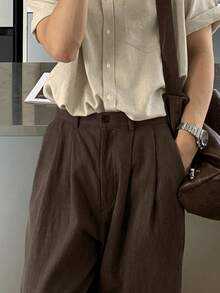 DAZY 男士纯棕色弹力腰长裤，春夏款 - 棕色 - 查看 5