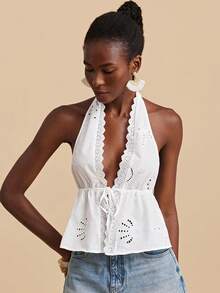 Travachic 2026 New Spring/Summer Sleeveless Lace Trim Embroidered Halter Neck Fitted Blouse, Suitable For Vacation/Casual/Date/Beach/Travel - White - View 6