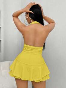 SHEIN SXY 纯色露背吊带褶皱休闲连体衣 - 黃色 - 查看 2