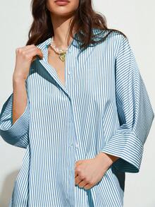 Aveloria Affinna Women's Casual Striped Loose Shirt And High Waist Wide Leg Pants 2 Pieces Set - Mint Blue - View 3