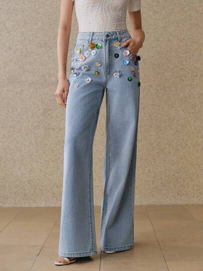 Anewsta Jeans rectos de fiesta y vacaciones de mujer con flores románticas, brillantes y coloridos de estilo glamoroso y sexy