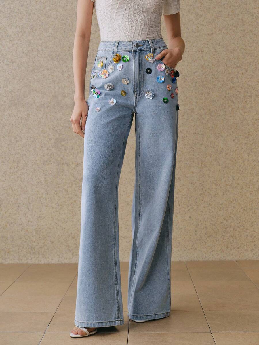 Anewsta 女士时尚魅力性感水钻彩色花卉浪漫派对度假蓝色直筒牛仔裤 - 藍色 - 查看 1
