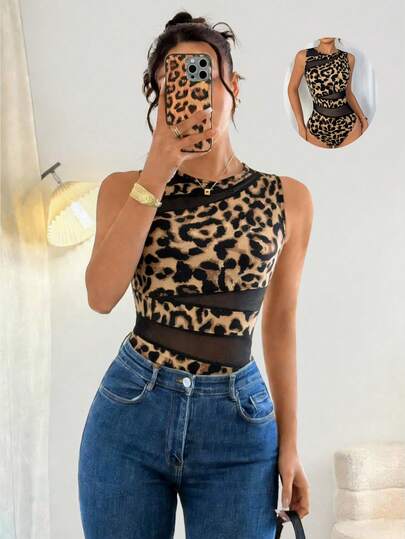 Rafferiza 优雅性感时尚豹纹圆领无袖修身不规则几何网眼拼接连体衣，女士春夏款