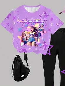 Bộ 2 món gồm áo nỉ ngắn tay và quần legging in hình trái tim hoạt hình K-Pop dành cho bé gái, thích hợp mặc hàng ngày và đi nghỉ mát, thoải mái và ấm áp. - Hồng - Xem 5