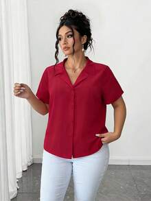 Franclia 大码女式纯色翻领短袖纽扣休闲宽松通勤优雅衬衫 - 紅色 - 查看 4