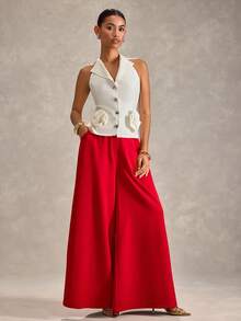 RueChic Women, Spring, Summer, White Sleeveless Tailored Blazer Vest With Rosette Waist - Elegant Structured Peplum Waist, 3‑Button Front, Fitted Silhouette, Bridal & Cocktail Jacket, Wedding Guest & Evening Wear, Office To Event Statement Vest, Luxury Crepe/Lined Fabric, Breathable Stretch, Sleek Notched Lapel, Designer Look - White - View 6