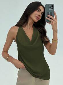 Aloruh Minimalist Commuter Halter Chic Plunging Neckline Bodycon Cami Top For Women - Army Green - View 5