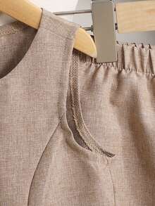 SHEIN Young Girl Commuter Casual Solid Woven Sleeveless Crew Neck Top And Straight Leg Pants Set, French Chic Elegant Formal - Khaki - View 5