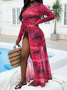 女士镂空领口网纱印花系带长款休闲衬衫，适合度假、通勤、聚会、春夏穿着 - 彩色 - 查看 1