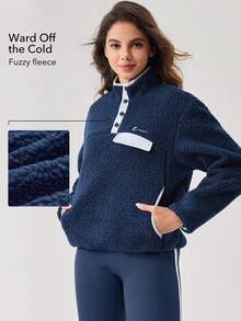OutZeal 女士保暖抓绒立领套头衫，带前袋，适合冬季徒步露营 - 藍色 - 查看 2