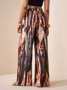 Zivah 2026春夏新款宽松高腰棕色扎染印花格子女裤，适合音乐节、复活节、波西米亚风、西部游牧风、休闲、海滩度假、日常穿着。 - 棕色 - 查看 2