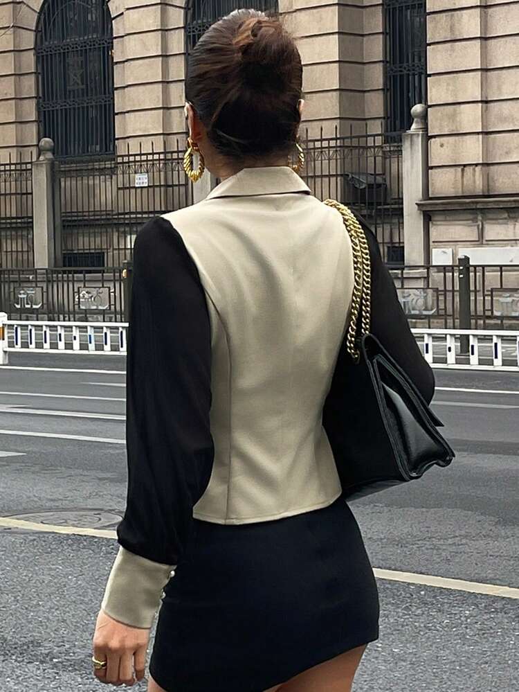 Women's Collared Color Block Fitted Waist Shirt