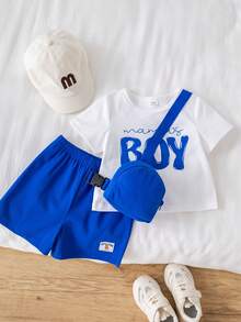 SHEIN 3pcs/Set Baby Boy Baby Boy Casual Cute White T-Shirt Knit Top, Navy Blue Crossbody Bag And Shorts Set, Spring/Summer - Royal Blue - View 5