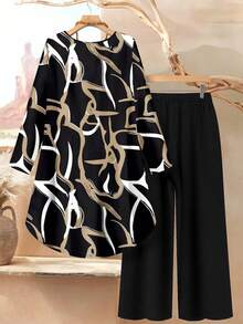 Rusticease 大码女式几何花卉印花两件套休闲装，宽松长袖上衣和裤子，适合秋冬季 - 黑色 - 查看 2
