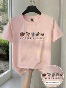 Coffee Beans Embroidery Graphic Round Neck Women T-Shirt - Baby Pink - View 3